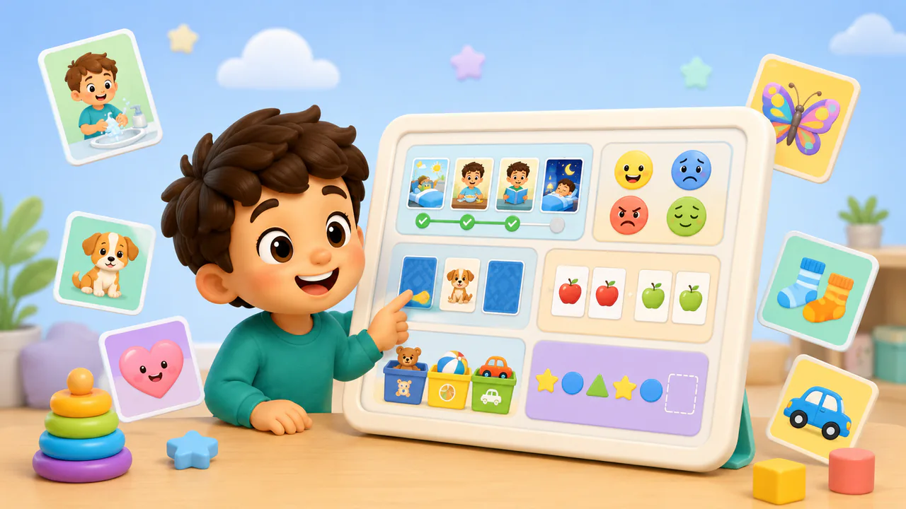 Niño jugando con actividades de rutinas, emociones y patrones