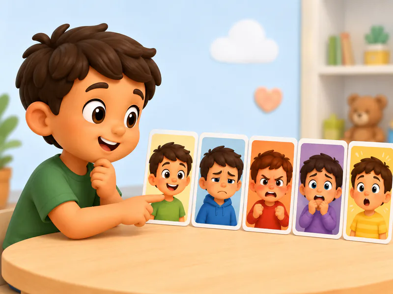 Ilustracion de expresiones emocionales en tarjetas.