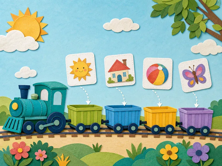 Ilustración de un tren con cuatro vagones de colores y objetos cotidianos.