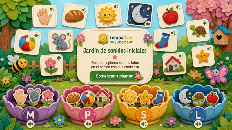 Jardín ilustrado con flores de sonidos y figuras para clasificar.