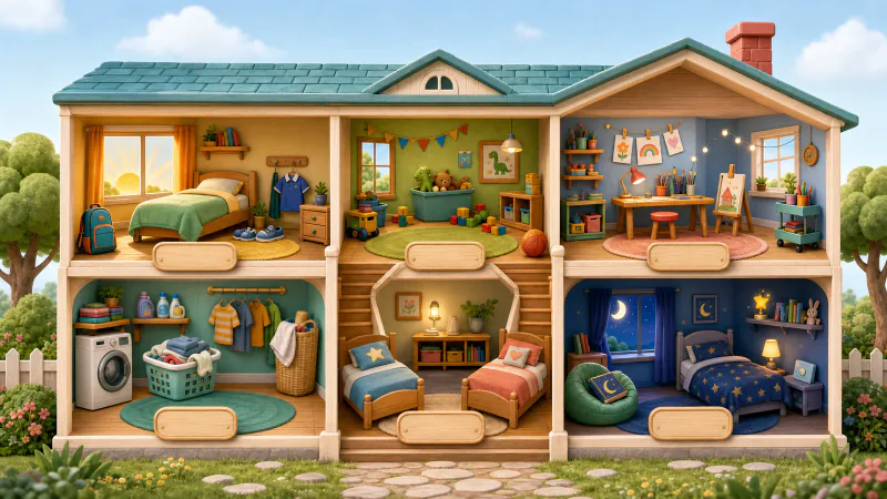 Casa abierta con seis habitaciones infantiles organizables.