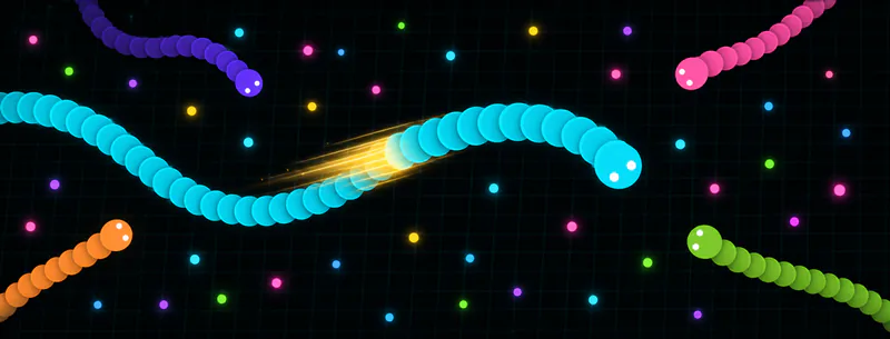 Arena oscura con culebras de círculos y alimento luminoso de varios colores.