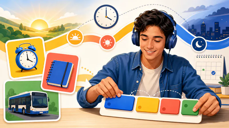 Persona con audífonos que aprende vocabulario y construye oraciones en inglés con bloques de colores.