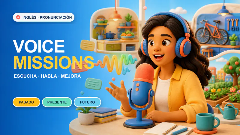 Persona practicando una frase en inglés frente a un micrófono, con ondas de voz y tarjetas de pasado, presente y futuro.